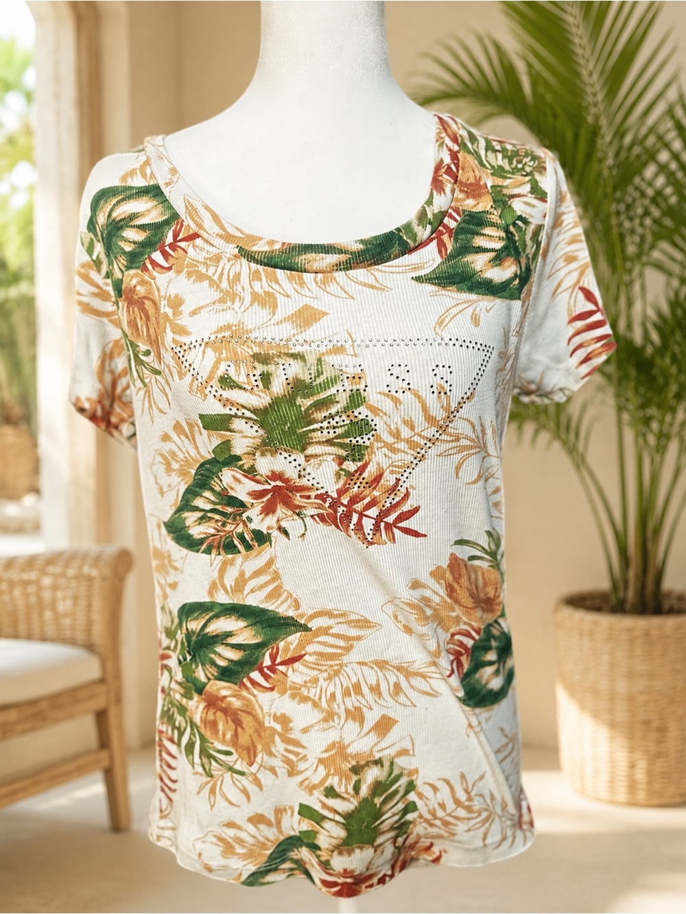 Guess Tropical Scoop Neck Short Sleeve Top - White, Green, Tan